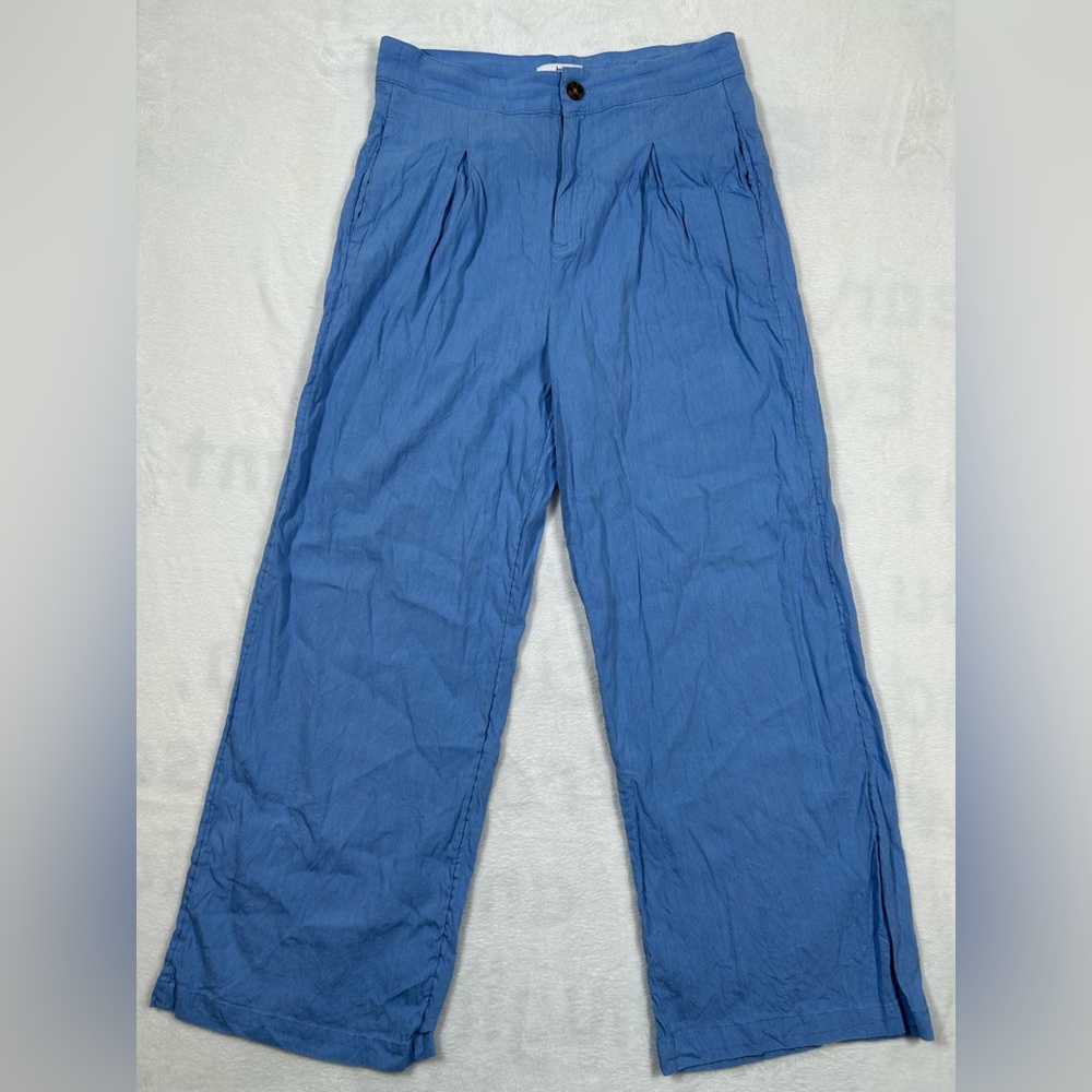 Halston Linen Wide Leg Ankle Pants Women’s Size 10 Blue High Rise